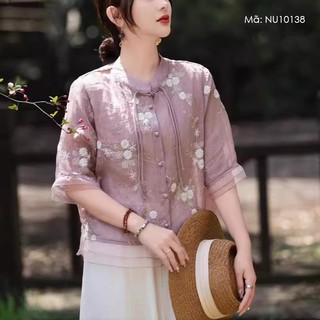 Áo sơ mi linen organza ngắn tay kamaka cổ đứng thêu hoa lá - nu10138