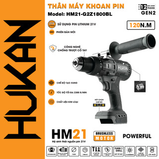 Máy khoan pin HUKAN G2Z1800BL, Động cơ Nguyên Khối, Lực siết 120Nm, Có anti kickback, Tạo xung