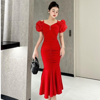 Đầm Body Dự Tiệc Đuôi Cá Trễ Vai Đính Ngọc Thời Trang Basic Sang Chảnh Nổi Bật
