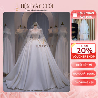 Váy cưới cô dâu 💖tặng voan cài đầu💖 đầm tiệc cao cấp, voan, hoạ tiết hoa 3d cúp ngực, tvc187