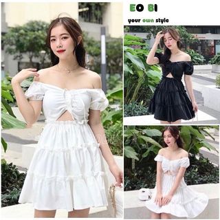 Đầm trễ vai rút dây ngực sexy dáng xoè điệu đà, Váy babydoll bèo xếp tầng 2 màu đen trắng nữ tính - EOBI