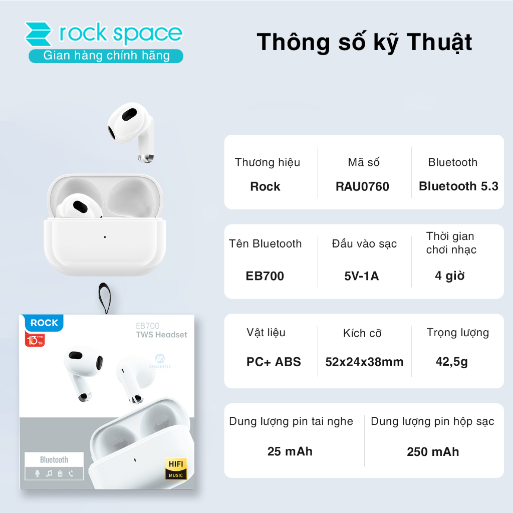 Tai nghe bluetooth không dây nhét tai Rockspace EB700 TWS có mic hàng chính hãng bảo hành 12 tháng | BigBuy360 - bigbuy360.vn