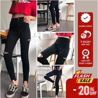 Quần jean đen skinny rách gối nữ lưng cao dài rách gối, quần bò ôm rách ngang gối kiểu mới