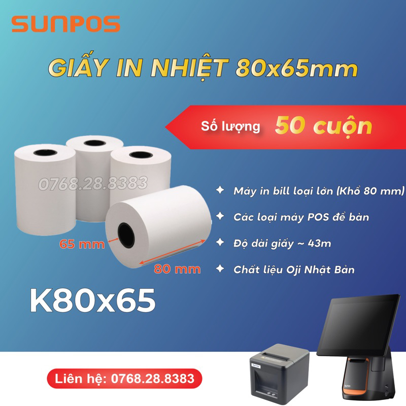[50 CUỘN] Giấy in bill nhiệt K80X65 (GIẤY IN NHIỆT CHO MÁY IN BILL, MÁY POS POS365, KIOT VIỆT, SAPO,