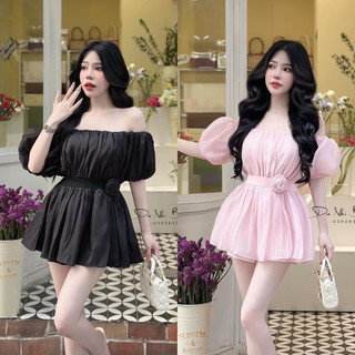 ĐẦM TƠ PHỒNG BỆT VAI ĐÍNH HOA EO DÁNG NGẮN XOÈ