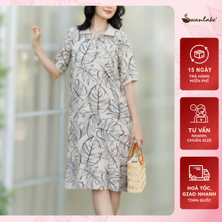 SWANLAKE | Váy Đầm Dáng Suông Cổ Trụ Sơ Mi Tay Ngắn Chất Vải Thun Bông Co Giãn Thấm Hút In Họa Tiết Hoa Lá - D11227LW01