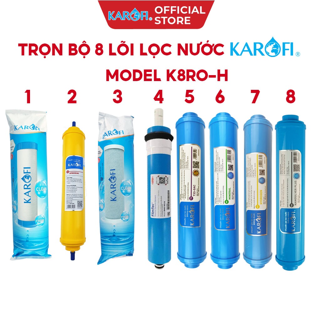 Trọn bộ 8 lõi lọc nước Karofi 12345678 dùng cho model K8RO-H- T33, Mineral, Hydrogen,Nanosilver Plus