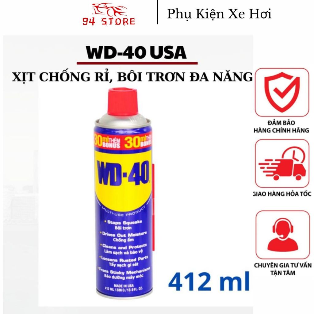 WD40-412ml USA  -CHÍNH HÃNG- Bình Xịt Chống Rỉ Bôi Trơn, Vệ Sinh Làm Sạch Đa Năng, Bảo Dưỡng Xe...94
