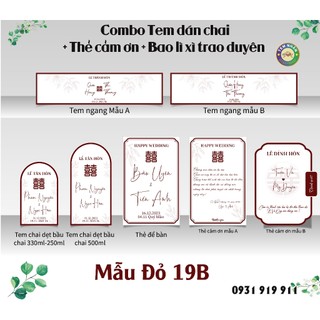 Combo Tem bầu dán chai nước+ Thẻ để bàn đám cưới mẫu mới Đỏ 19B