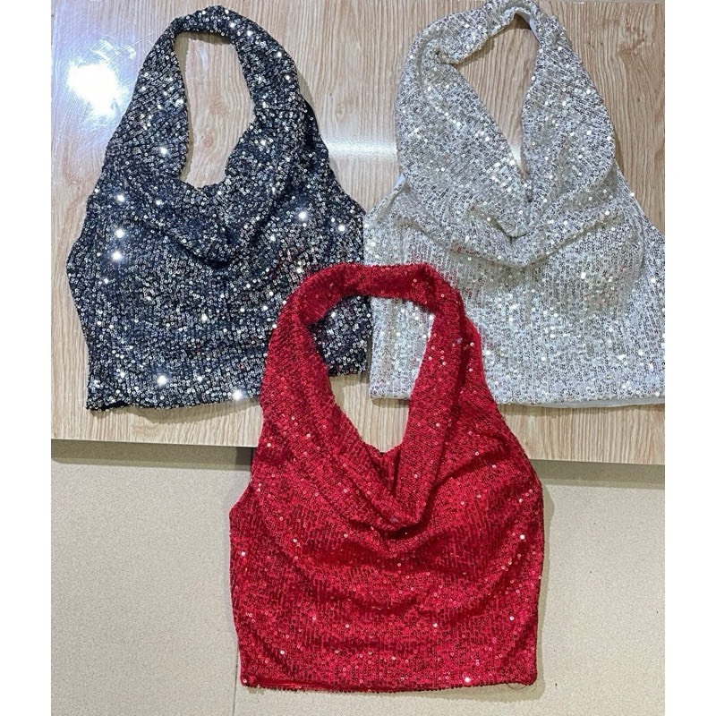    new  Áo yếm phối xích kim sa bling bling Áo Croptop Hai Dây Hở Lưng Đính Kim sa Lấp Lánh Gợi Cảm Cho Nữ alohashop91 