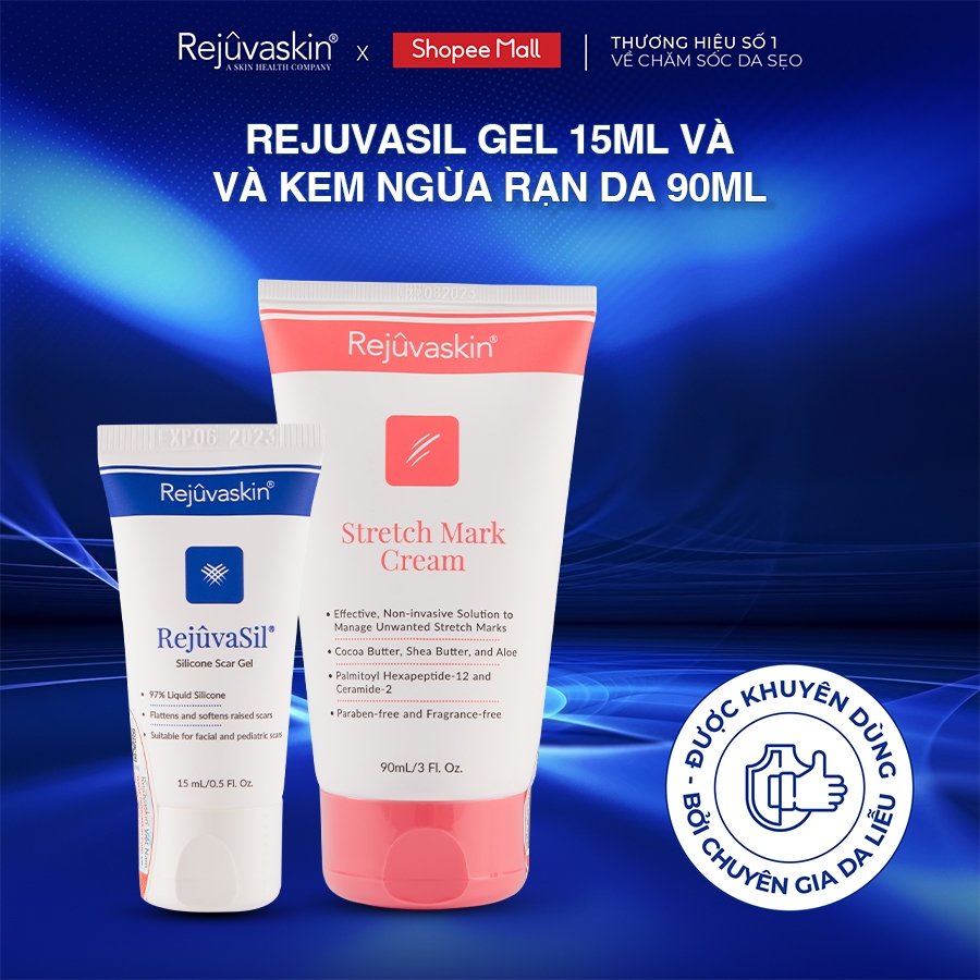 Combo chăm sóc da Rejuvaskin làm xẹp sẹo lồi, sẹo phì đại Silicone Rejuvasil Gel 15ml và làm mờ vết rạn da 90ml