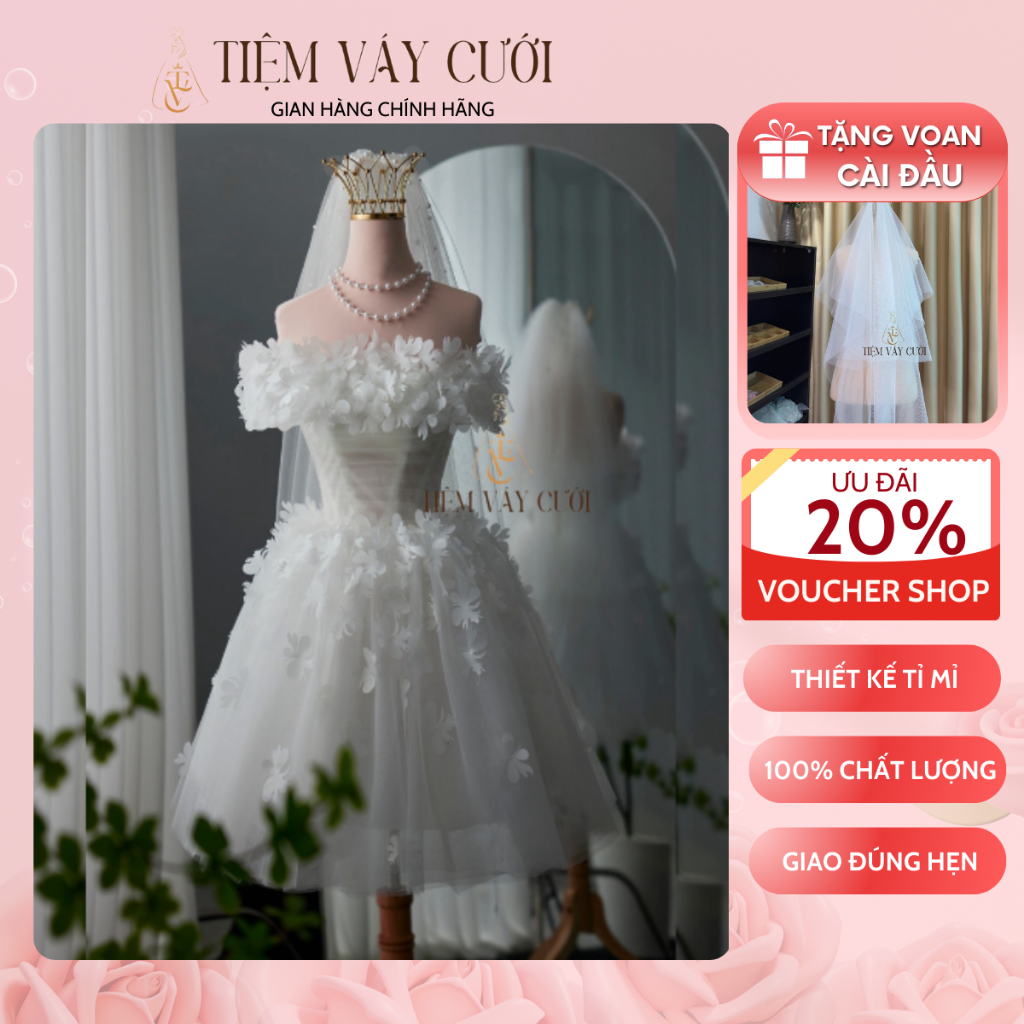 [Tặng Voan + Mút Ngực] Váy Cưới Đi Bàn, Đầm Cưới Ngắn, Cúp Ngực, Hoạ Tiết, TVC214