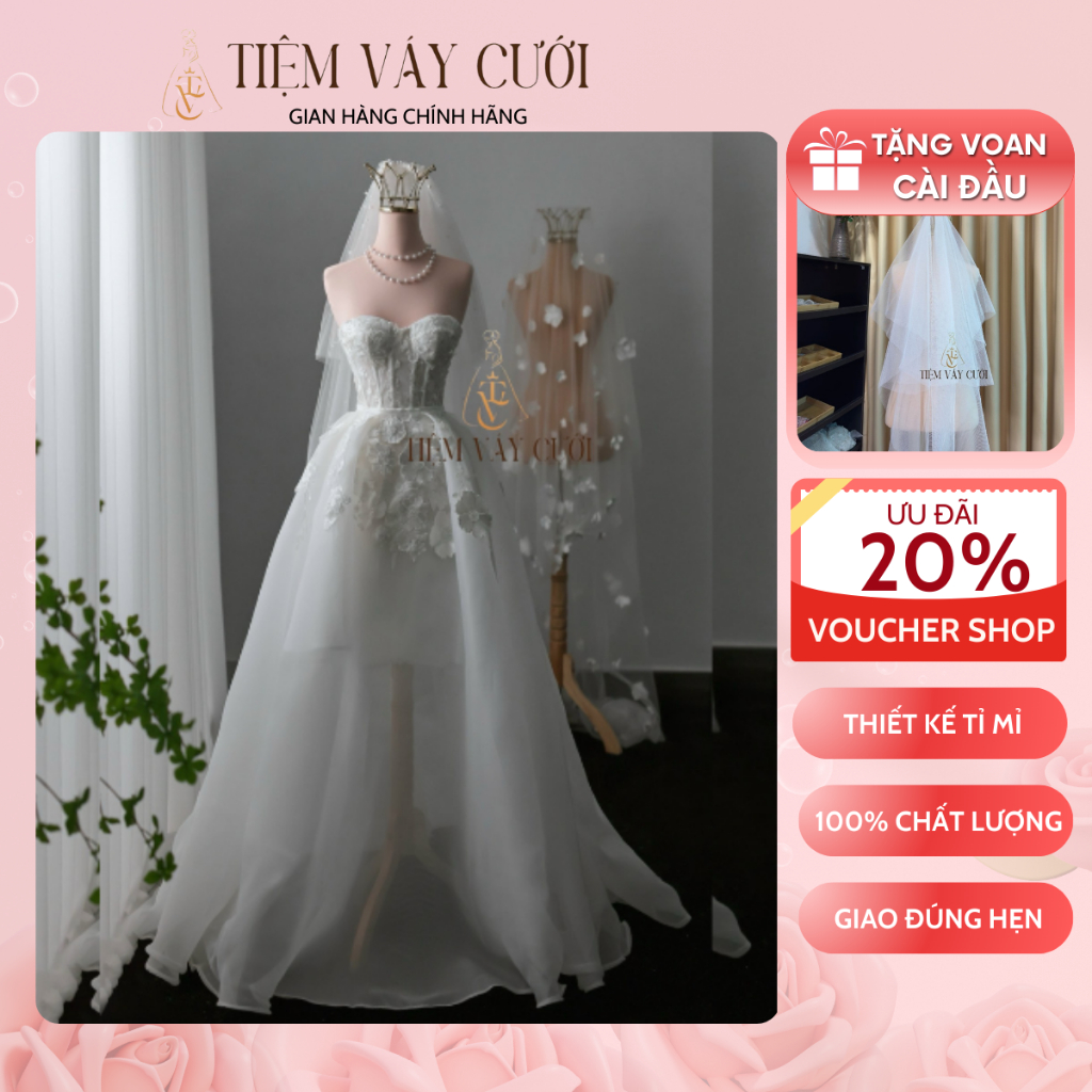 [Tặng Voan + Mút Ngực] Váy Cưới Đi Bàn, Đầm Cưới Ngắn, Cúp Ngực, 3in1, TVC216