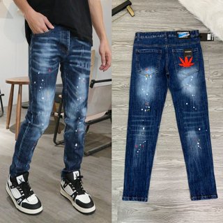 Quần bò nam Dsquared xanh wash,quần jeans Dsq mài gối thêu họa tiết lá đỏ sau túi hàng Quảng Châu chất denim do dãn 5006