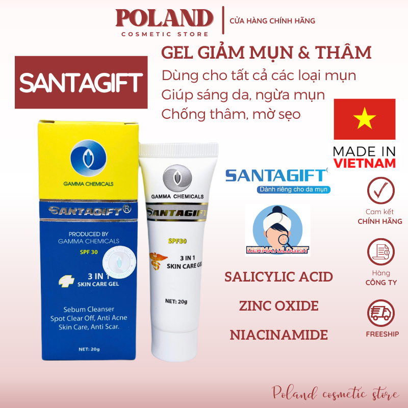 Kem mụn Santagift SPF30 Gel chấm mụn giảm mụn giảm thâm ức chế sắc tố dưỡng da chống nắng tuýp 20gr