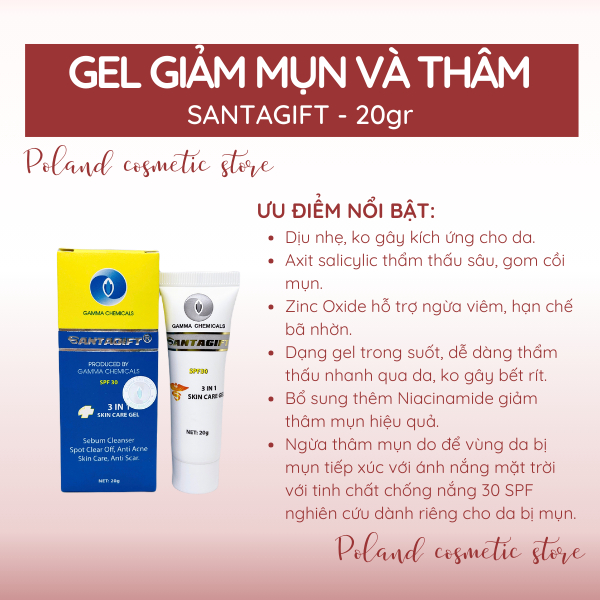 Kem mụn Santagift SPF30 Gel chấm mụn giảm mụn giảm thâm ức chế sắc tố dưỡng da chống nắng tuýp 20gr