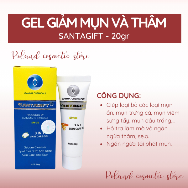 Kem mụn Santagift SPF30 Gel chấm mụn giảm mụn giảm thâm ức chế sắc tố dưỡng da chống nắng tuýp 20gr