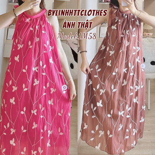 Đầm yếm thêu đũi cột nơ tiểu thư dáng suông dài freesize 2 lớp