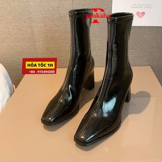 (Hàng Sẵn) Giày Bốt Nữ Cao Cổ Gót 7p  Da Bóng Cao Cấp Sang Chảnh Thời Trang Phong Cách ulzzang Hàn Quốc (Không Khóa Kéo)