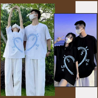 Set đồ đôi áo thun tay lỡ form rộng oversize trái tim nam nữ Freesize <70kg mặc cùng người yêu quà tặng bạn gái- MÉN