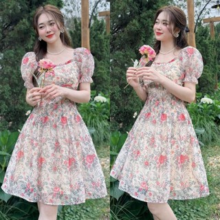 Đầm váy nữ phối voan hoa sang chảnh tay phồng dáng xòe xinh xắn đi chơi dự tiệc