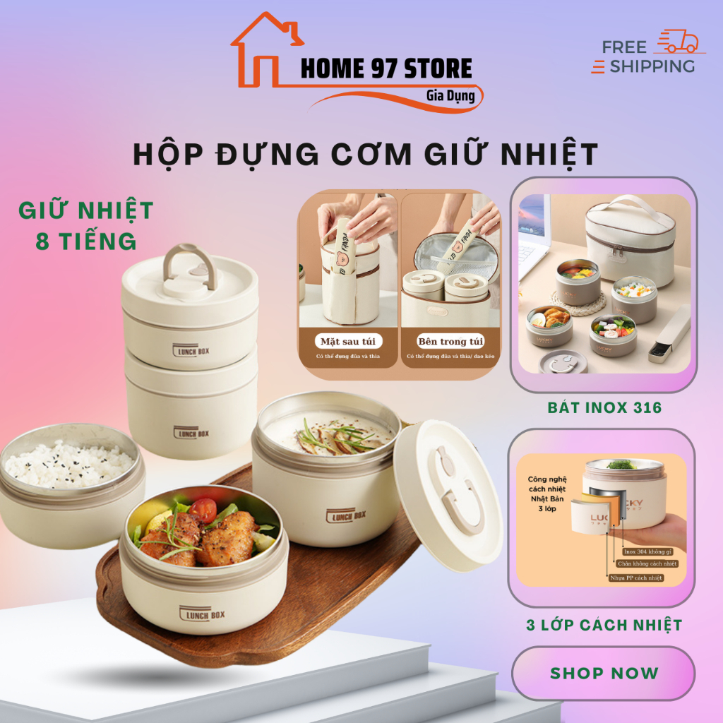 Hộp Cơm Giữ Nhiệt Inox 3 4 Tầng Văn Phòng Có Quai Xách – Hộp Đựng Cơm Giữ Nhiệt Nhiều Ngăn Cho Nhân 