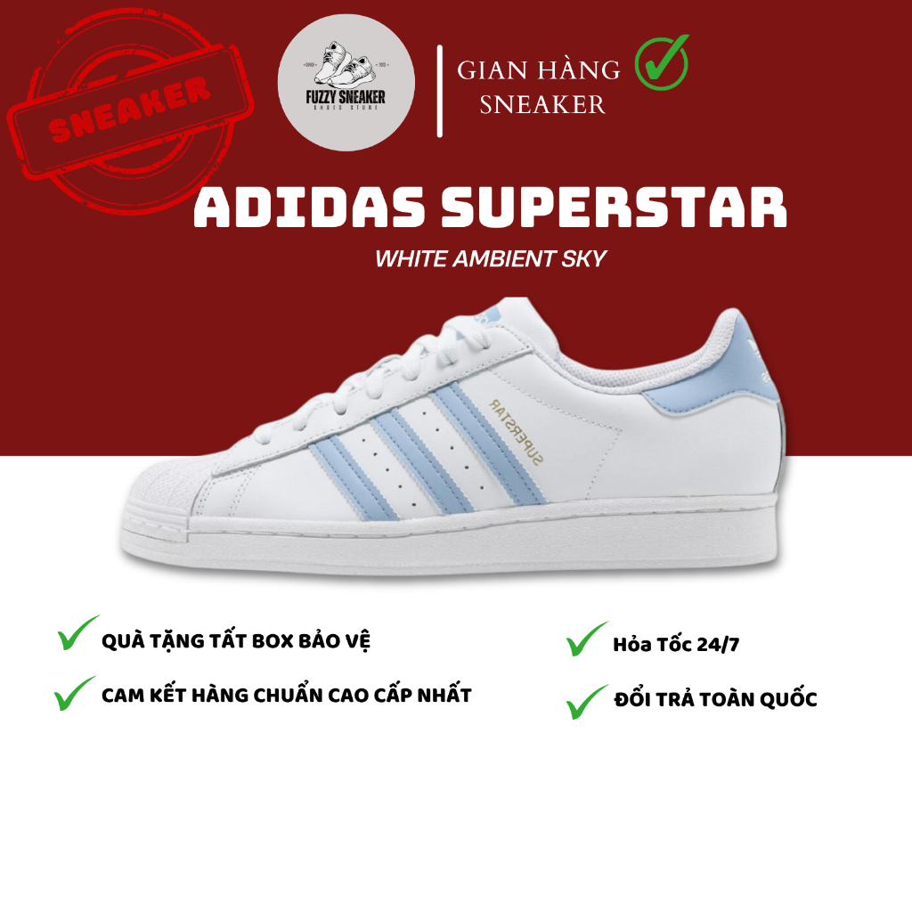 [ Best Quality ]Giày Adidas Superstar chính hãng White Ambient Sky, sò trắng sọc xanh Full Box.
