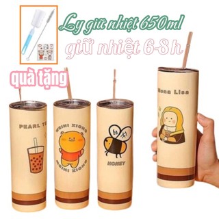 Ly giữ nhiệt 2 LỚP 304 không han gỉ tặng kèm ống hút có nắp đậy 650ml sang trọng - cốc giữ nhiệt inox + tặng bộ vệ sinh