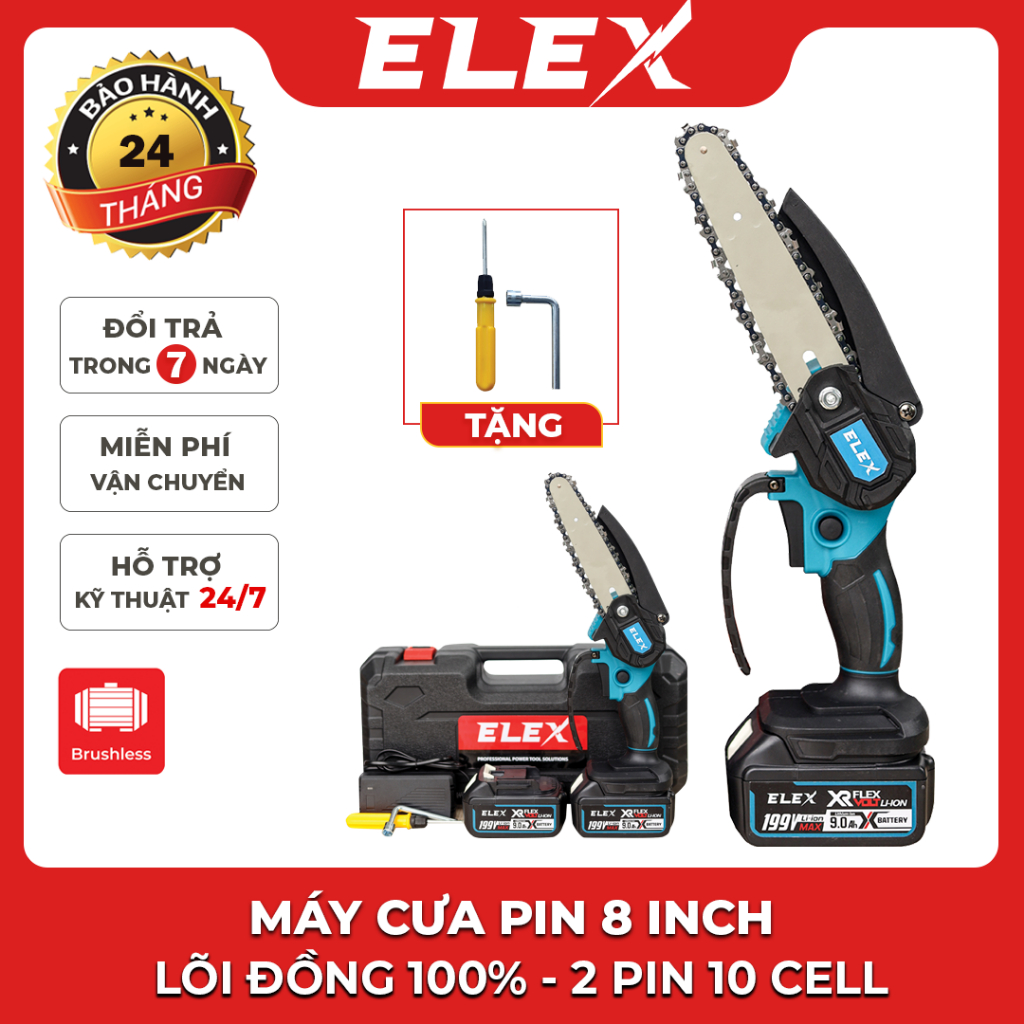 Máy cưa xích Elex 199V - Máy cưa gỗ mini dùng pin Elex 199V pin 10cell cắt gỗ tỉa cành cực bén bảo hành 24 tháng