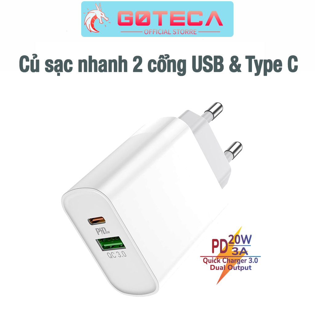 Củ sạc 2 cổng sạc nhanh Type C và USB QC 3.0 Hỗ trợ sạc nhanh cho các dòng điện thoại - Goteca