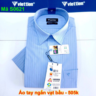 Áo sơ mi việt tiến sọc xanh ngắn tay vạt bầu chính hãng