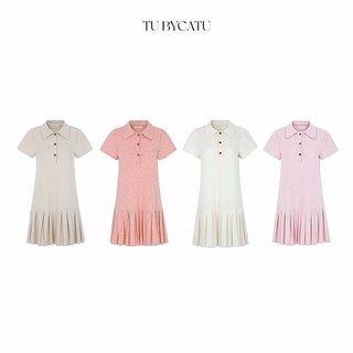 TUBYCATU | Đầm sơ mi thun hồng/ kem tùng xếp