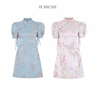 Tubycatu | sườn xám gấm xanh/ hồng họa tiết