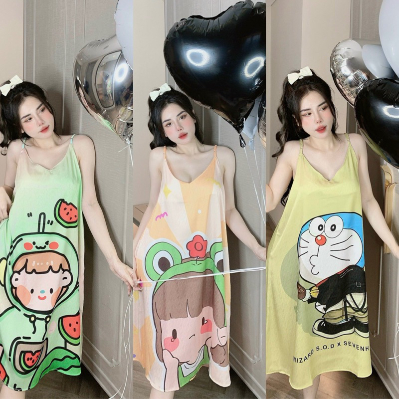 Váy ngủ 2 dây dễ thương, đầm mặc nhà chất lụa xước ánh kim mịn mát, free size dưới 65kg