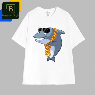 Cao cấp - Áo thun unisex in hình cá Mập đeo kiếng mát và cọng xích vàng nhe răng cười hài hước Shark shirt BND805