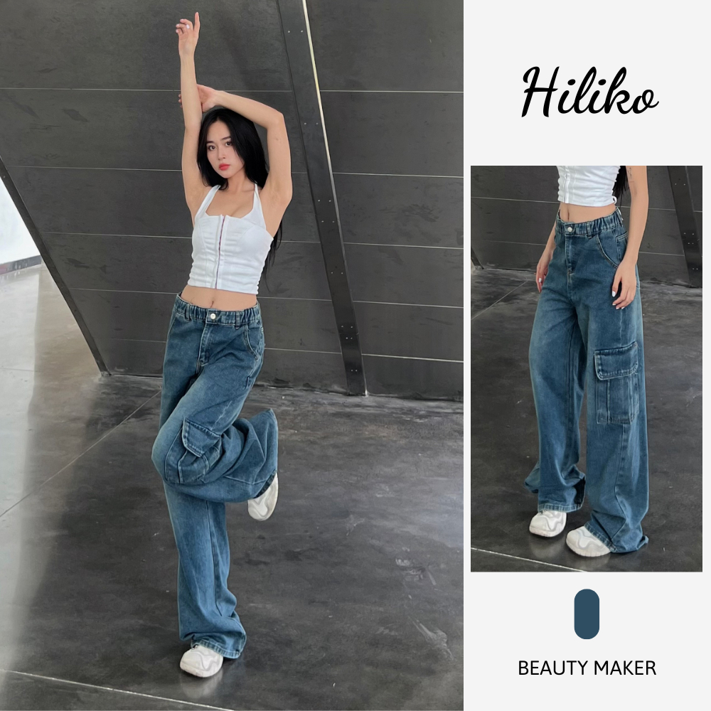 Quần jeans ống rộng túi hộp dây rút bụng, quần jean túi hộp nữ ống rộng  - Hiliko
