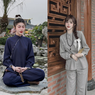 Pháp phục đi chùa,Bộ quần áo đi chùa chất liệu chất liệu Đũi xước thái Cao Cấp