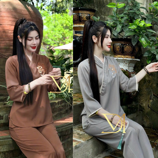  Đồ bộ đi chùa cổ chéo thêu lá bồ đề chữ TÂM,Pháp phục cách tân lụa trượt mềm mịn, thanh lịch