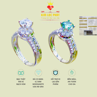 Nhẫn Moissanite màu trắng kiểu đai phối chạm chủ 6.3mm, Nhẫn bạc nữ xi bạch kim, Nhẫn kim cương nhân tạo moissanite
