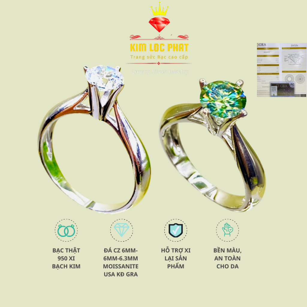 Nhẫn Moissanite màu trắng 4 chấu 6-6.3mm, Nhẫn bạc nữ xi bạch kim, Nhẫn kim cương nhân tạo moissanit