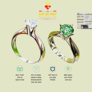 Nhẫn Moissanite màu trắng 4 chấu 6-6.3mm, Nhẫn bạc nữ xi bạch kim, Nhẫn kim cương nhân tạo moissanite màu xanh