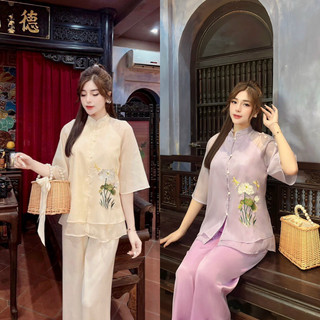 Pháp phục đi chùa cổ tàu thêu hoa sen lụa voan tơ 3 lớp Set bộ đi chùa cách tân tay lỡ sang trọng ,thanh lịch