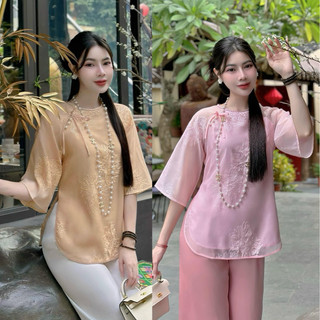 Pháp phục đi chùa,Đồ lam đi chùa Bộ lụa cổ tết chất liệu voan tơ hoạ tiết cúc đại đoá sang trọng