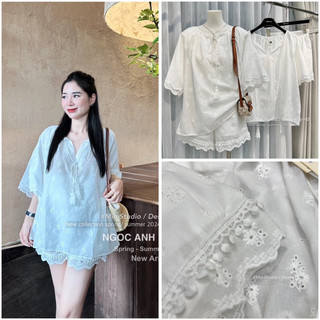 Sét áo thô ren cổ xẻ + quần sooc kẹp ren