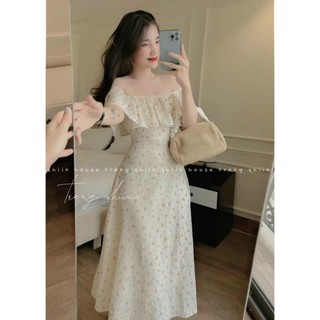 Đầm dài xốp hoa bẹt vai(có mút)