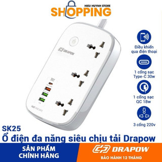 Ổ cắm 2 đầu tích hợp 3 cổng sạc nhanh USB Drapow SK25