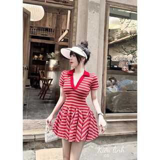 Đầm xòe sọc cổ bẻ tay ngắn sang trọng viens store