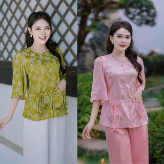 Pháp phục đi chùa, Bộ Lam đi chùa chất lụa Gấm Tô Châu cúc đá Cao Cấp mềm min, thoáng mát
