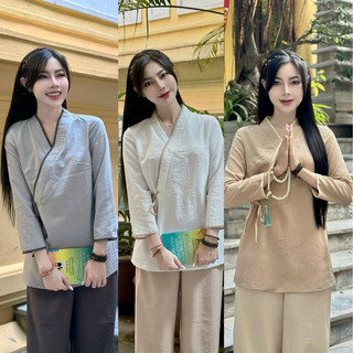 Pháp phục đi chùa,Bộ quần áo đi chùa bộ truyền thống dài tay cổ V chất liệu Đũi Cao Cấp