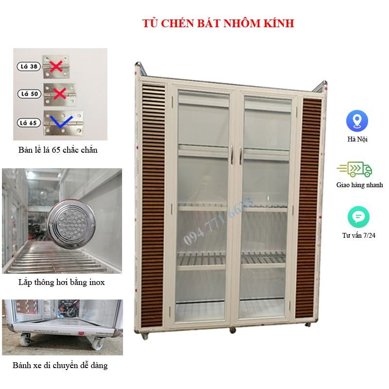 Tủ đựng chén bát nhôm kính kích thước 1110x360x1300mm